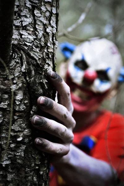 Страшний злий клоун у лісі — стокове фото