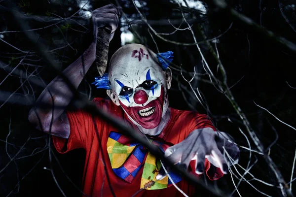Spaventoso clown male brandendo un coltello nel bosco — Foto Stock