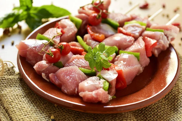 Carne de pavo cruda y brochetas de verduras —  Fotos de Stock