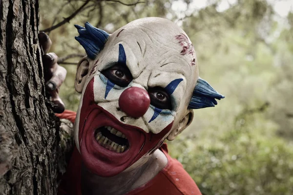 Aterrador payaso malvado en el bosque —  Fotos de Stock