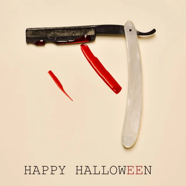 Texto feliz halloween e navalha reta com sangue — Fotografia de Stock