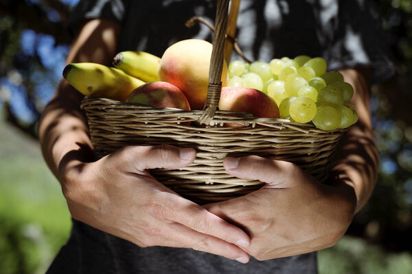 молодой человек с корзиной, полной фруктов
