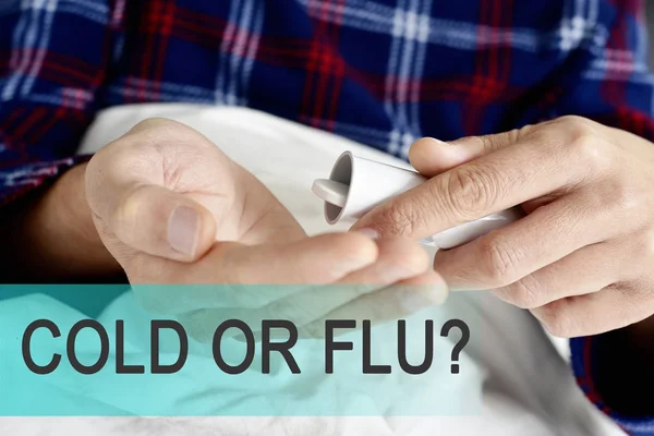 Text cold or flu and man about to take a medicine — Stock Photo, Image