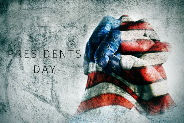 Hands with flag of US and text presidents day — Stock Photo, Image