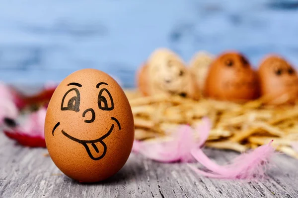 Hnědá vejce s legrační obličej — Stock fotografie
