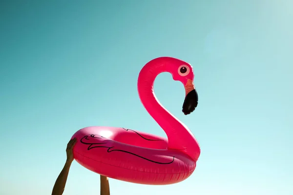 Człowiek z pierścienia pink flamingo pływać — Zdjęcie stockowe