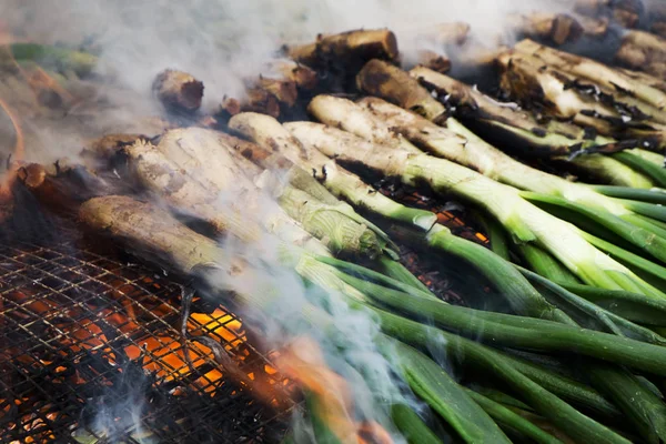 Grillning calcots, lök som är typiska för Cataloni — Stockfoto