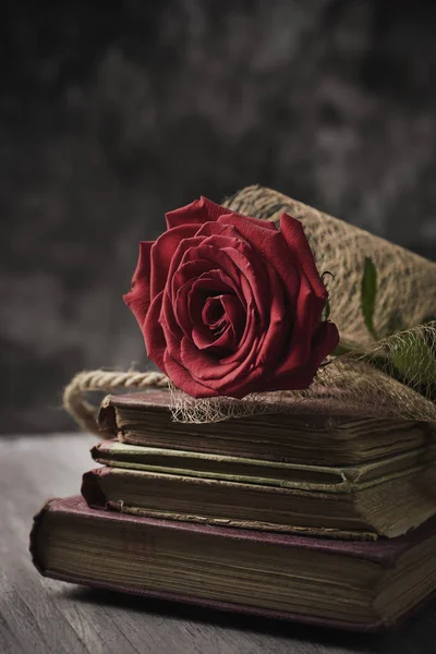 Rosa vermelha e livros — Fotografia de Stock