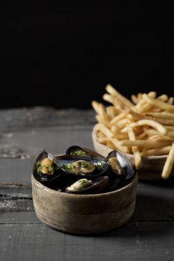 Moules frites, tipik Belçika midye ve erkekte