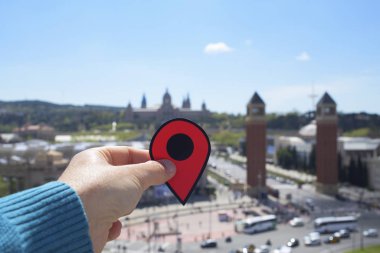 Montjuic, Barselona, Spai kırmızı işaretleyicisinde adamla
