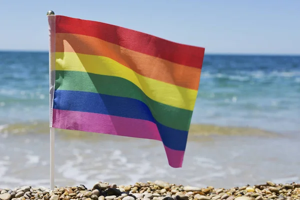 砂利浜の虹色の旗 — ストック写真