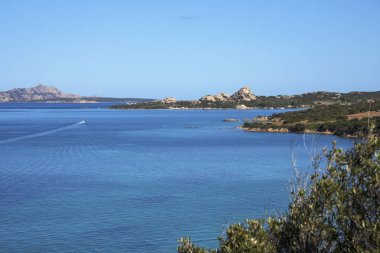 a panoramic view of La Maddalena, Santo Stefano and Caprera islands, in the Strait of Bonifacio, from Palau, in Sardinia, Italy clipart