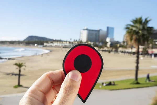 巴塞罗那Somorrostro海滩的红色标志 — 图库照片