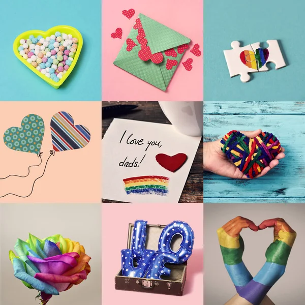 Kolaż Dziewięciu Różnych Obrazów Serc Tęczowe Flagi Słowo Miłość Tekst — Zdjęcie stockowe