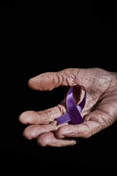 Closeup Senior Caucasian Woman Purple Ribbon Her Hand Black Background — Stock Photo, Image