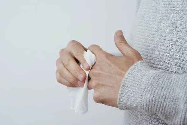 Closeup Caucasian Man Wearing Casual Pale Gray Sweater Disinfecting His — Stock Photo, Image