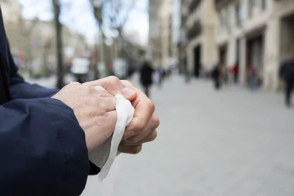 Closeup Caucasian Man Street Disinfecting His Hands Wet Wipe — Stock Photo, Image