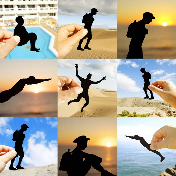 Collage Nueve Cuadros Con Diferentes Siluetas Joven Disfrutando Aire Libre —  Fotos de Stock