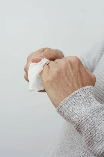 Closeup Caucasian Man Wearing Casual Pale Gray Sweater Disinfecting His — Stock Photo, Image