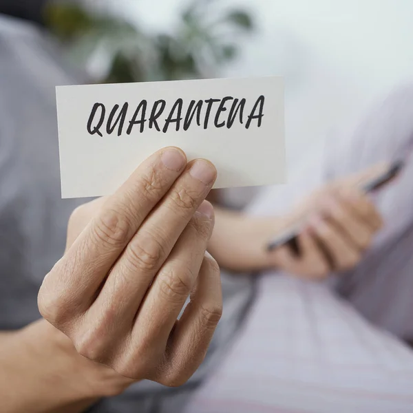 Closeup Man Pajamas Staying Home Hotel Room Showing Note Word — Stock Photo, Image