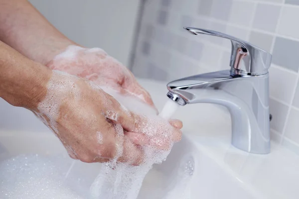 Closeup Caucasian Man Washing His Hands Sink Stock Image