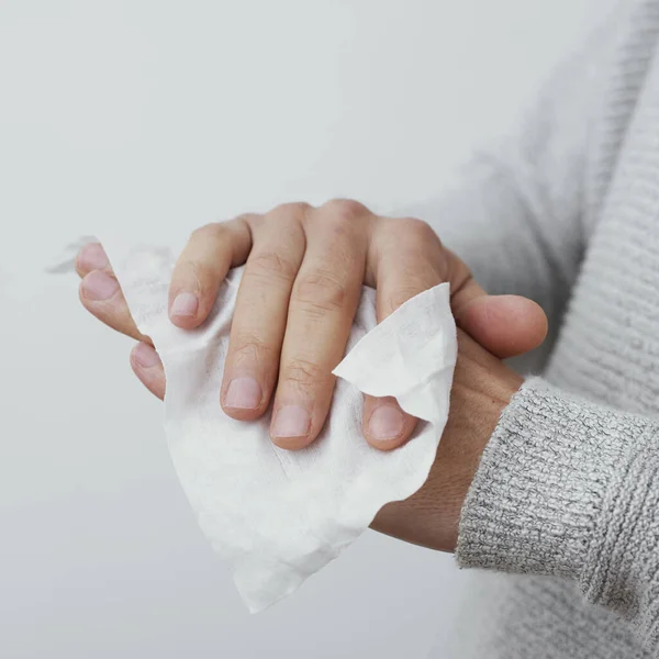 Closeup Caucasian Man Wearing Casual Pale Gray Sweater Disinfecting His — Stock Photo, Image