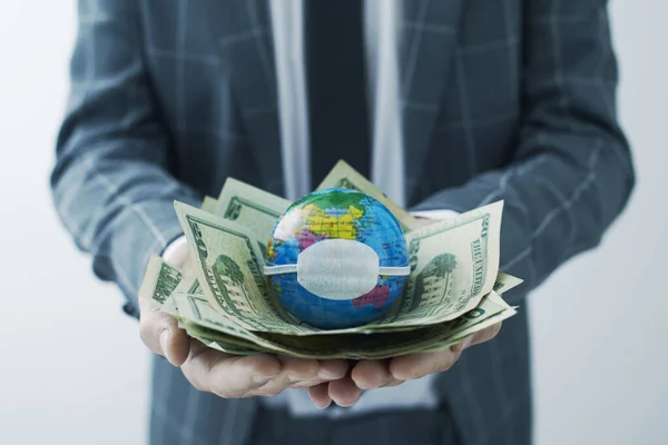 Businessman Holding World Globe Protective Mask Top Handful Dollar Bills — Stock Photo, Image