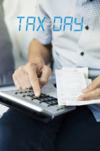 Closeup Caucasian Man Pile Bills Tickets His Hand Using Electronic — Stock Photo, Image