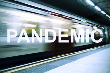 an empty subway or train platform, as a train is passing, with a motion effect, and the text pandemic clipart
