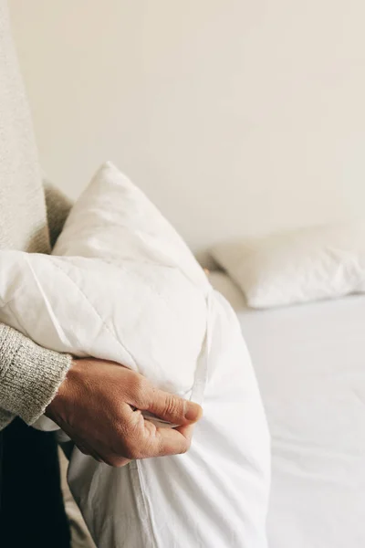 Closeup Young Caucasian Man Introducing Pillow White Pillow Case Making — Stock Photo, Image