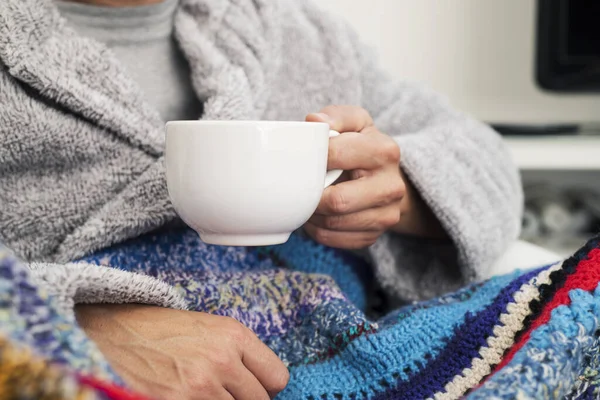 Closeup Ill Caucasian Man Home Wearing Fluffy Gray House Robe — Stock Photo, Image