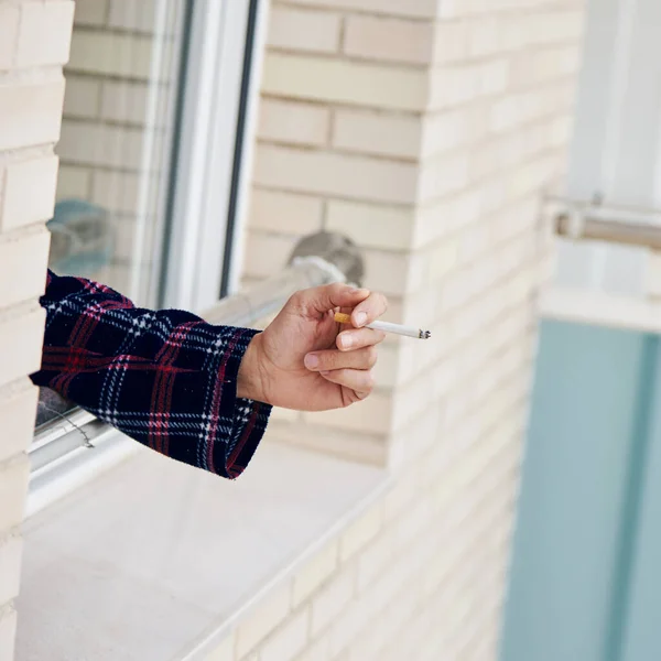 Closeup Young Caucasian Man Pajamas Smoking Cigarette Leaning Window His — Stock Photo, Image