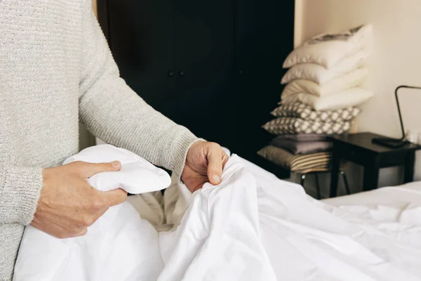 Closeup Young Caucasian Man Inserting Duvet White Duvet Cover Making — Stock Photo, Image