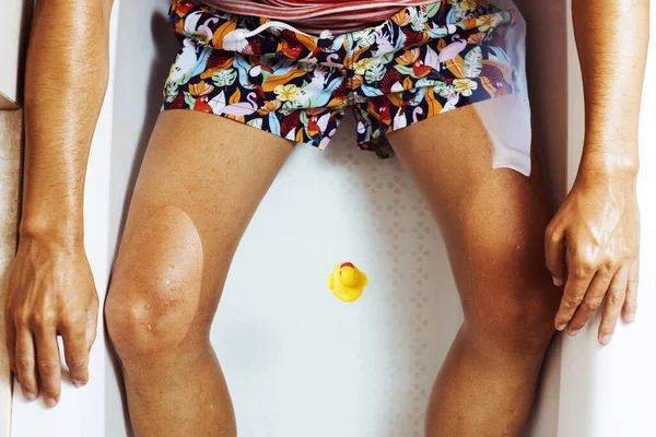 High Angle View Young Caucasian Man Wearing Swimsuit Relaxing Bathtub — Stock Photo, Image