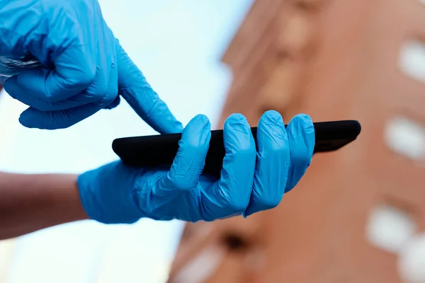 Closeup Young Caucasian Man Street Wearing Blue Latex Gloves Using — Stock Photo, Image