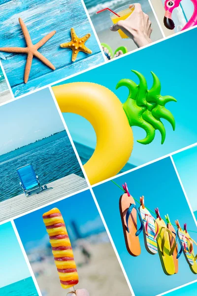 Collage Pictures Different Summer Items Some Starfishes Pineapple Shaped Swim — Stock Photo, Image