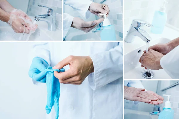 Koláž Různých Snímků Muže Bílém Plášti Jak Myje Ruce Tekoucí — Stock fotografie