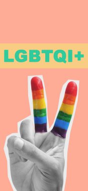 metin LGBTQI + ve gökkuşağı bayrağı ile desenli V işareti yapan bir el, üzerinde boş bir alan olan pembe bir zemin üzerinde, mobil hikayeler veya akıllı telefon duvar kağıdı olarak kullanmak için dikey bir formatta