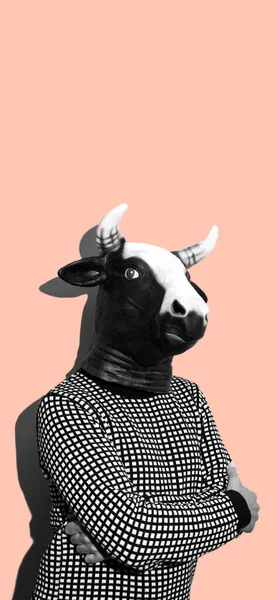 Portrait Young Man Wearing Cow Mask Black White Pink Background — Stock Photo, Image