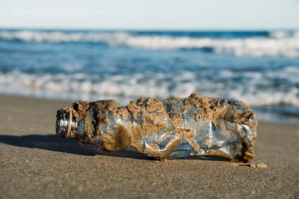 Closeup Used Plastic Bottle Covered Wet Sand Sand Lonely Beach — Stock Photo, Image