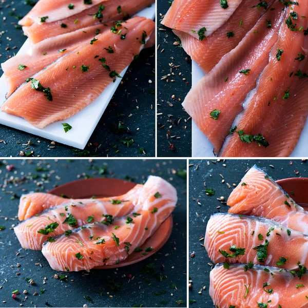 A collage of different pictures of some slices of raw trout and raw salmon, placed on a dark gray rustic table sprinkled with different herbs and spices — Stock Image Collage Different Pictures Some Slices Raw Trout Raw Salmon Placed Royalty Free Stock Photos