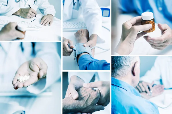 Egy Kollázs Különböző Képek Egy Orvos Férfi Fehér Kabátban Méri — Stock Fotó