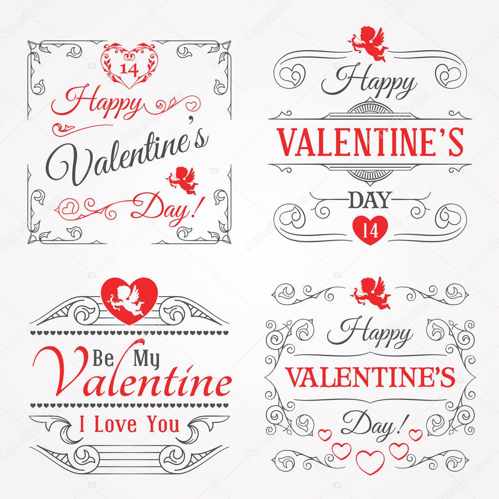 Happy Valentines Day Lettering Card Set. Typographic Ornaments, Hearts, Cupids and Calligraphic Elements
