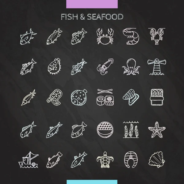 Iconos de tiza de pescado y marisco — Vector de stock