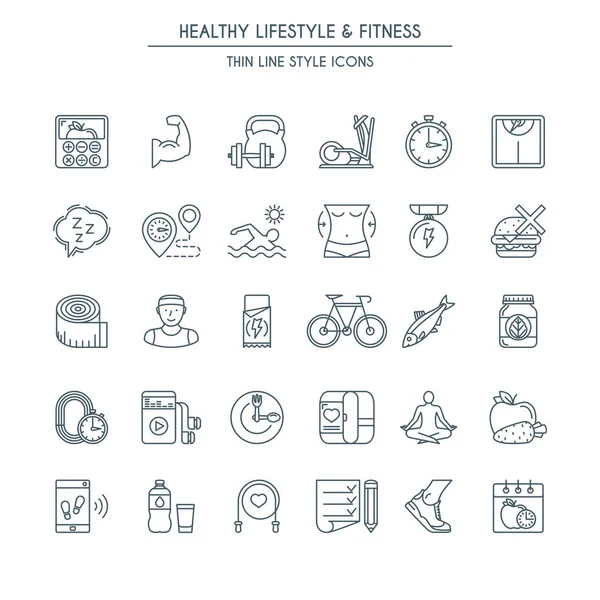 Iconos de línea delgada estilo de vida saludable — Vector de stock