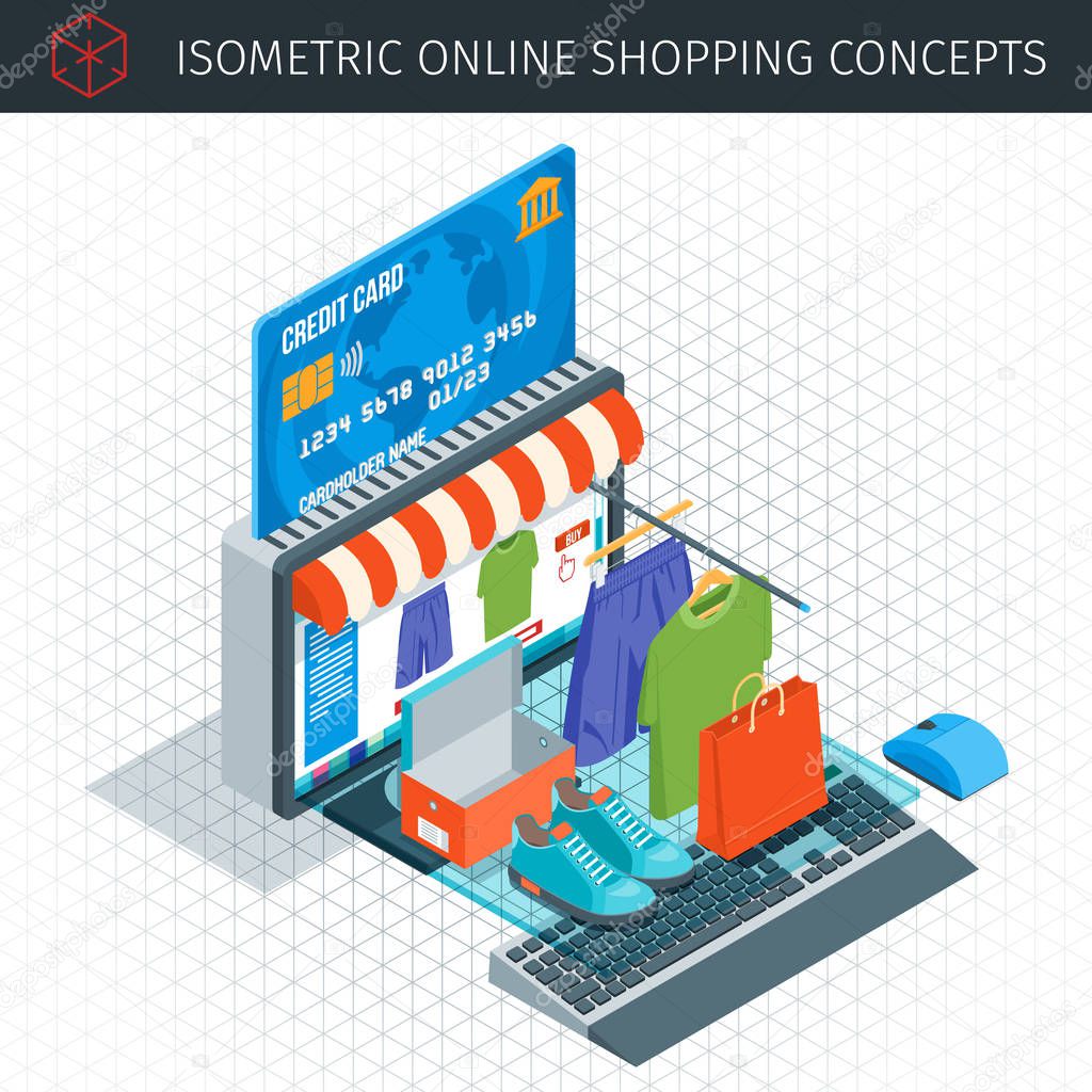 Online shopping isometric icons