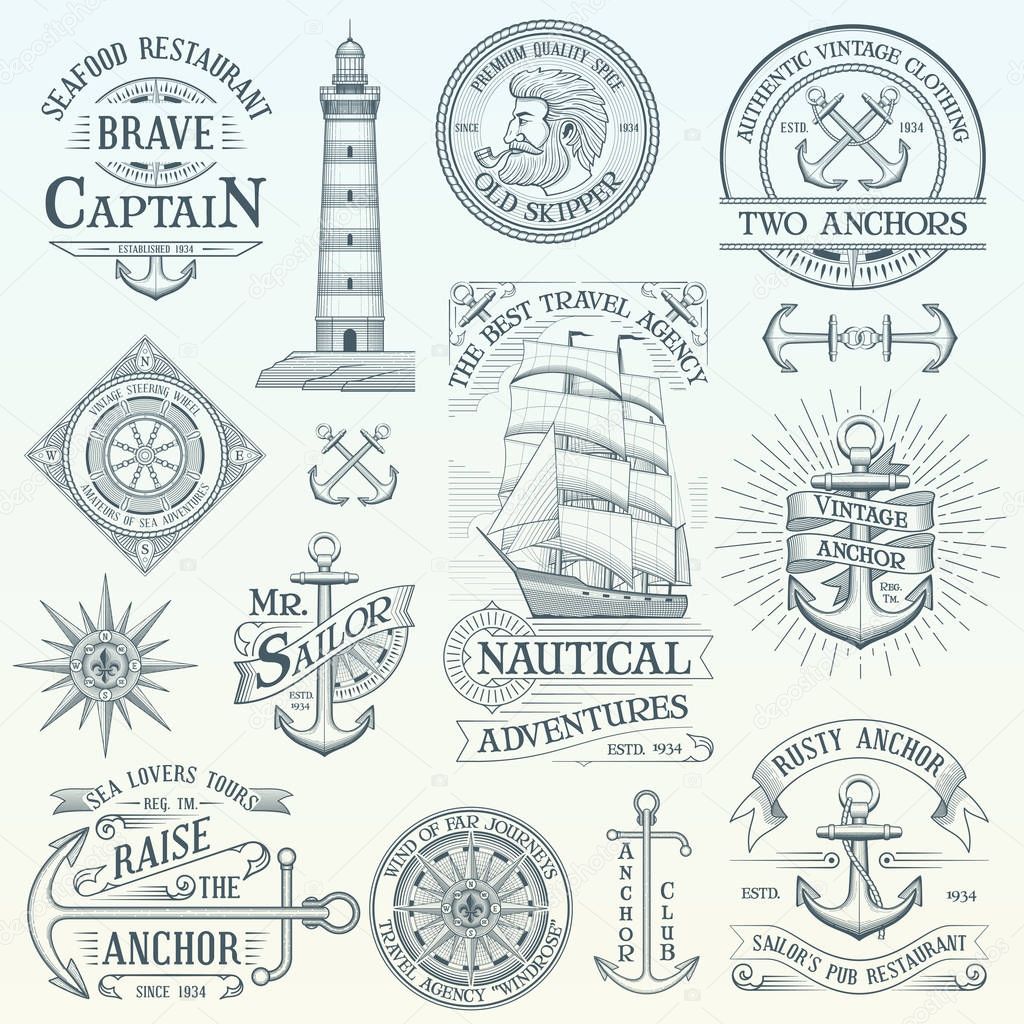 Set of vintage nautical labels and badges. Hand drawn vector design elements. Highly detailed illustration.