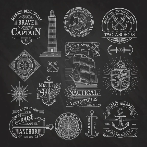 Nautical labels on chalkboard background — Stock Vector