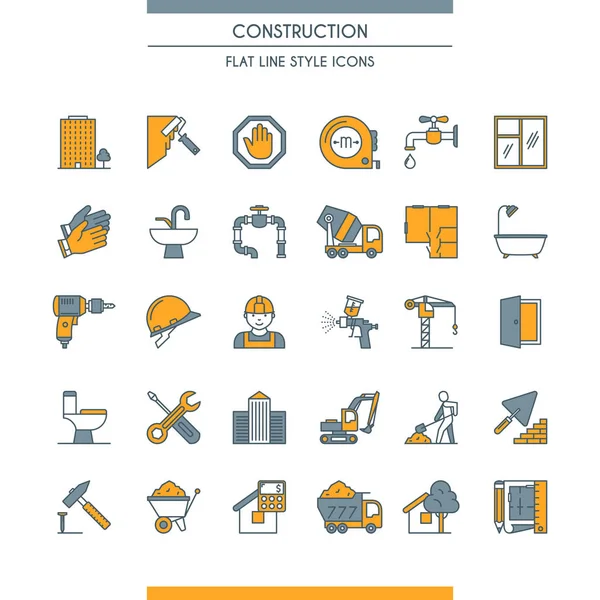 Ícones de construção de design de linha plana — Vetor de Stock