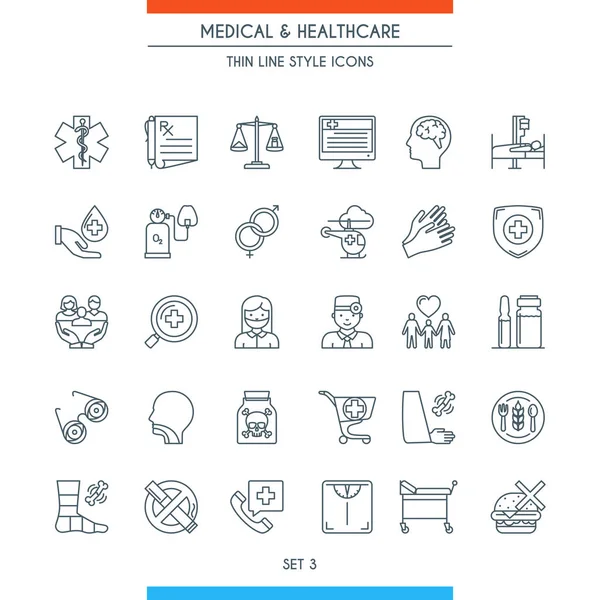 Ícones médicos de design de linha fina 3 — Vetor de Stock